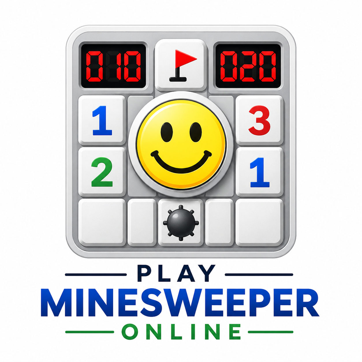 Play Minesweeper Online classic puzzle game board with smiley face, mine, flag, and numbered tiles